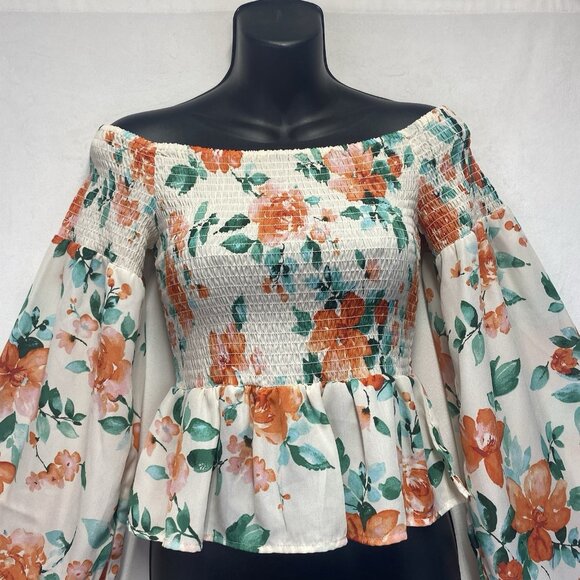 Mimi Chica Floral Off Shoulder Bell Long Sleeve Smocked Top Women Medium Cream - Picture 12 of 12